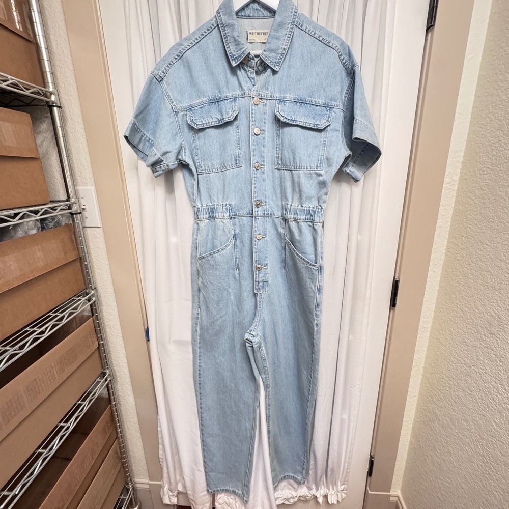 We The Free Free People Denim Short Sleeve Jumpsuit Light Wash Blue Medium